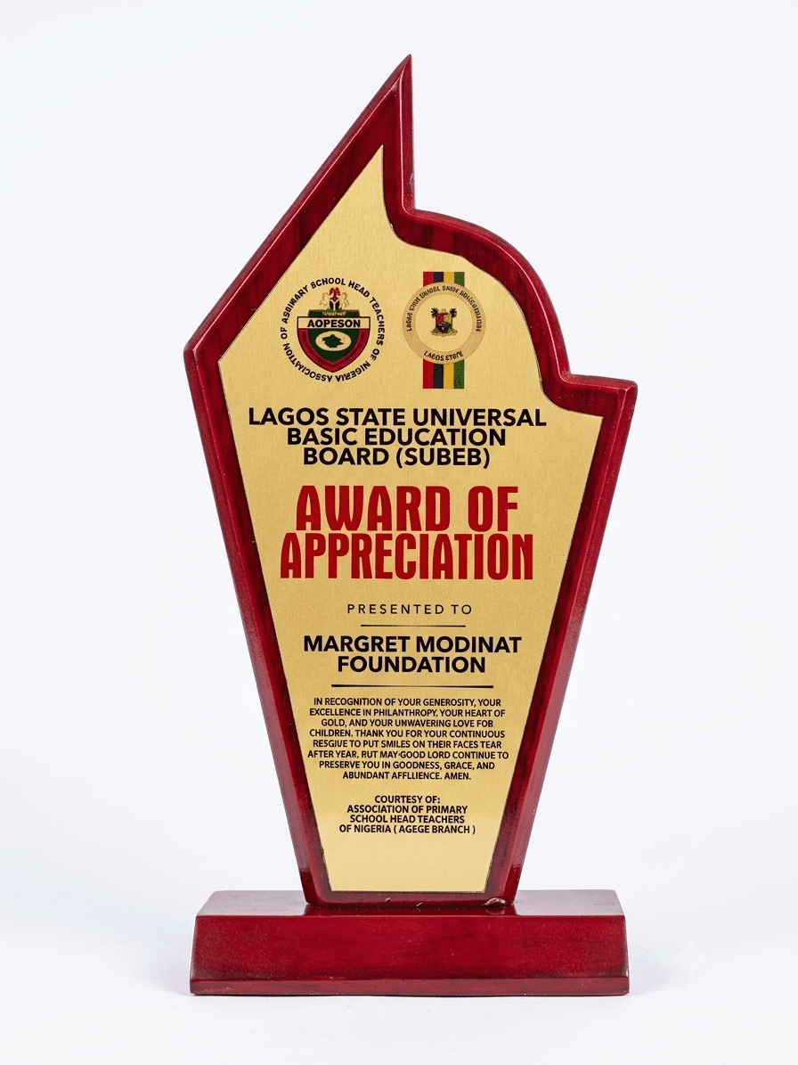Award of Appreciation from Lagos State SUBEB to Margaret Modinat Foundation
